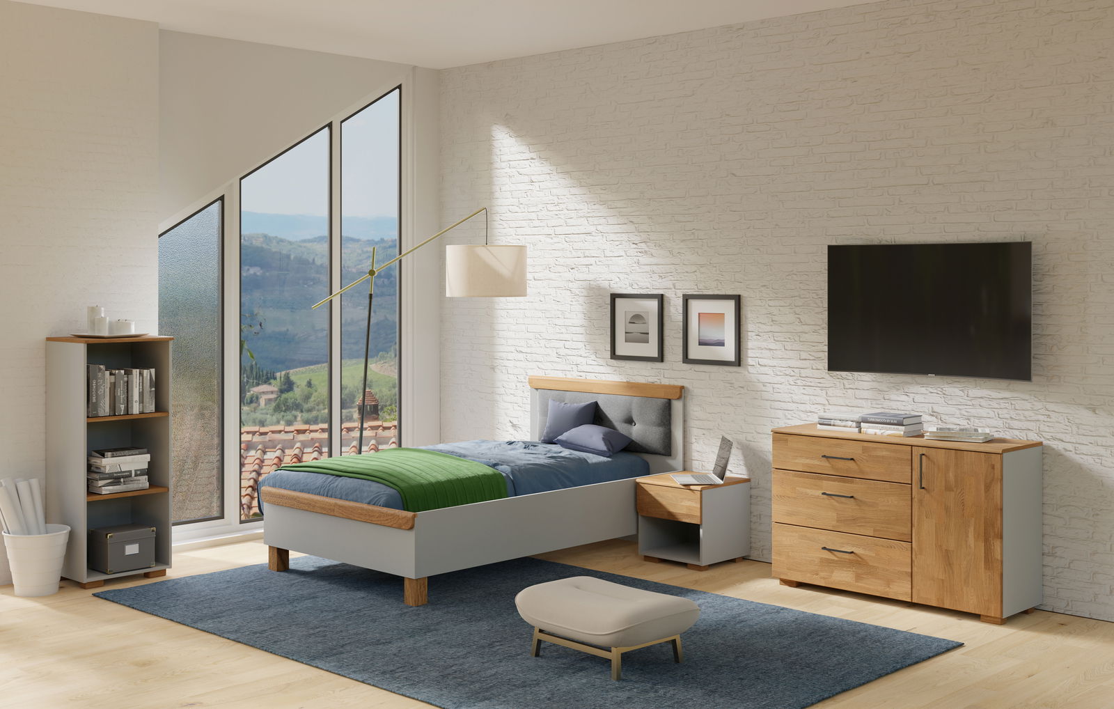 Cantus Nachtkonsole rechts COOL Moderne Nachtkonsole aus Holz mit Schublade und offenem Fach, rechts neben einem Bett in einem stilvollen Schlafzimmer, seitliche Perspektive.