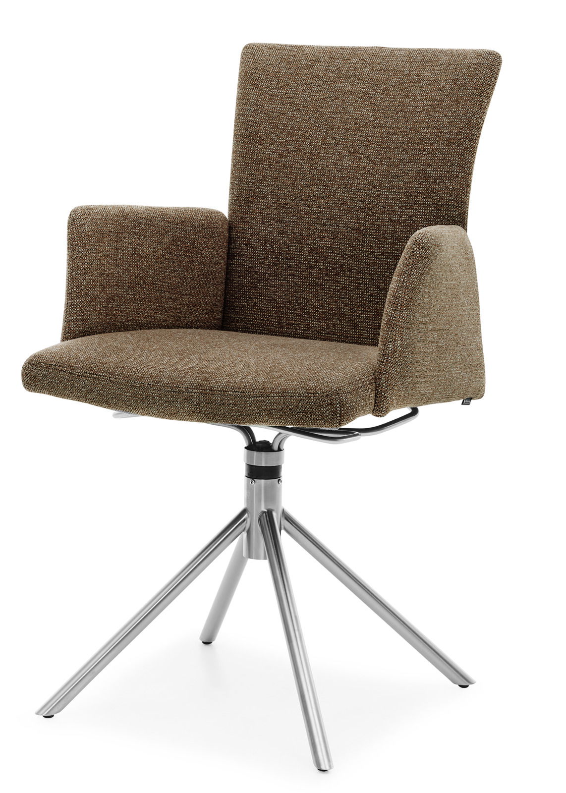 Moderner brauner Stuhl mit Armlehnen und Metallbeinen, seitliche Perspektive