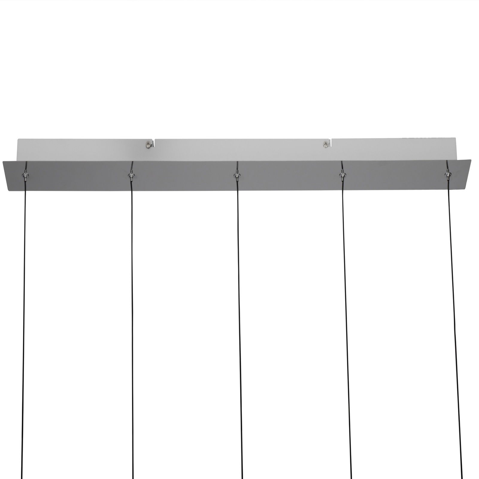 Moderne LED-Hängeleuchte mit rechteckiger Deckenhalterung und vier schwarzen Kabeln, seitliche Perspektive
