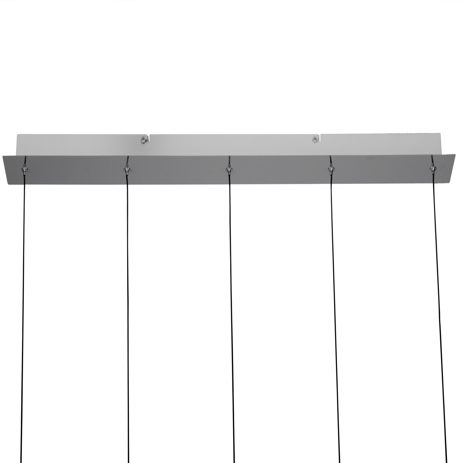 Moderne led-hanglamp met rechthoekige plafondbevestiging en vier zwarte kabels, zijaanzicht