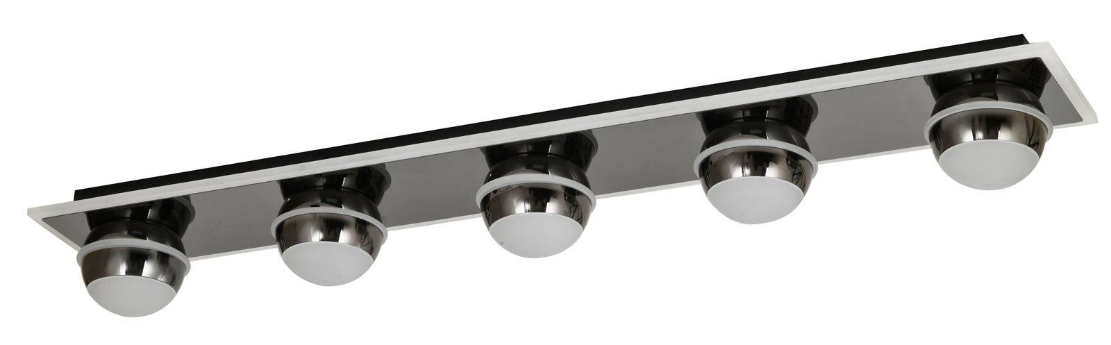 Moderne LED-Deckenleuchte mit fünf runden Leuchtköpfen, seitliche Perspektive