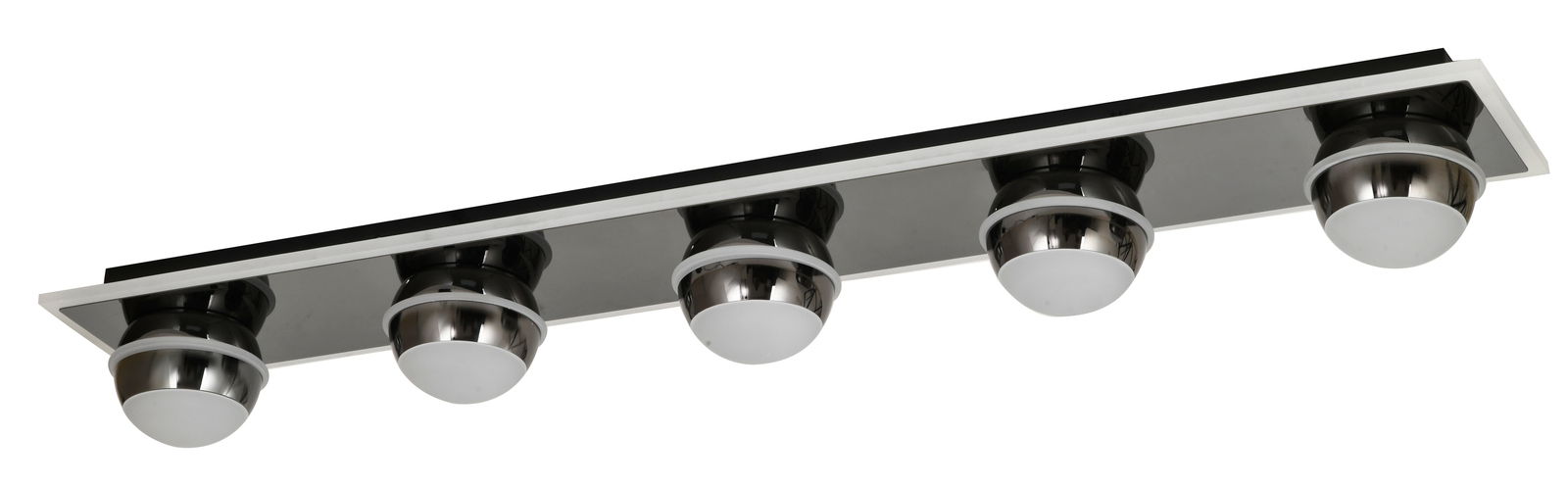 Moderne LED-Deckenleuchte mit fünf runden Leuchtköpfen, seitliche Perspektive