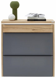 Moderne hangende schoenenkast met ledverlichting, in hout- en grijstinten, versierd met boeken en vazen, vooraanzicht.