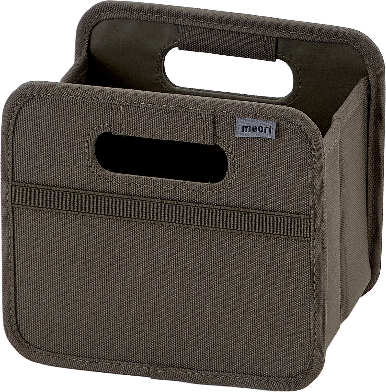 Graue meori Filz-Organizerbox mit Tragegriffen und Fronttasche, schräg von vorne links fotografiert
