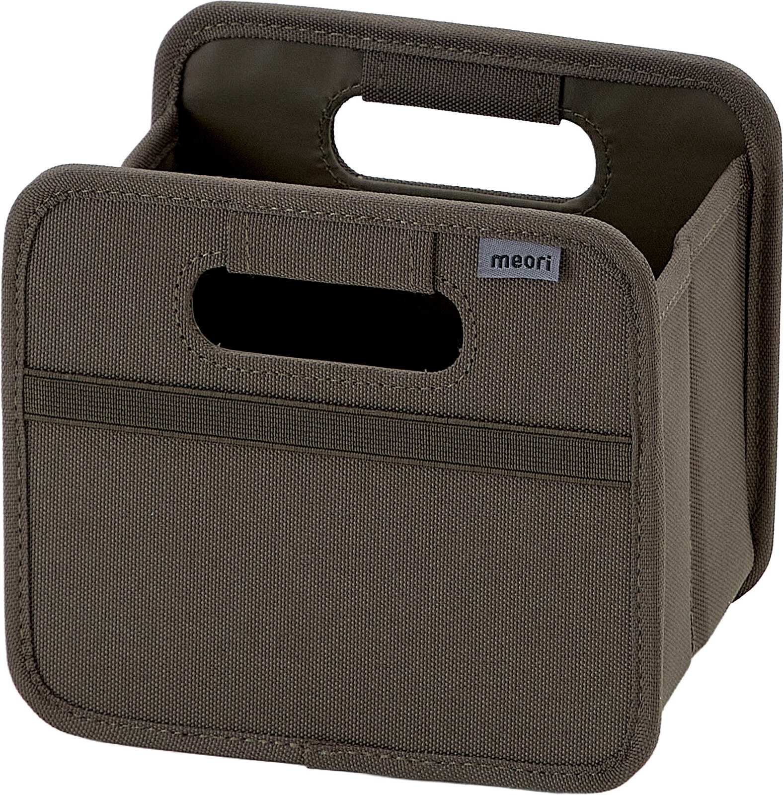 Meori Faltbox S Graue meori Filz-Organizerbox mit Tragegriffen und Fronttasche, schräg von vorne links fotografiert