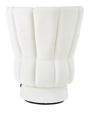 Rückansicht eines weißen Sessels mit gepolstertem, strukturiertem Stoff und vertikalen Nähten.