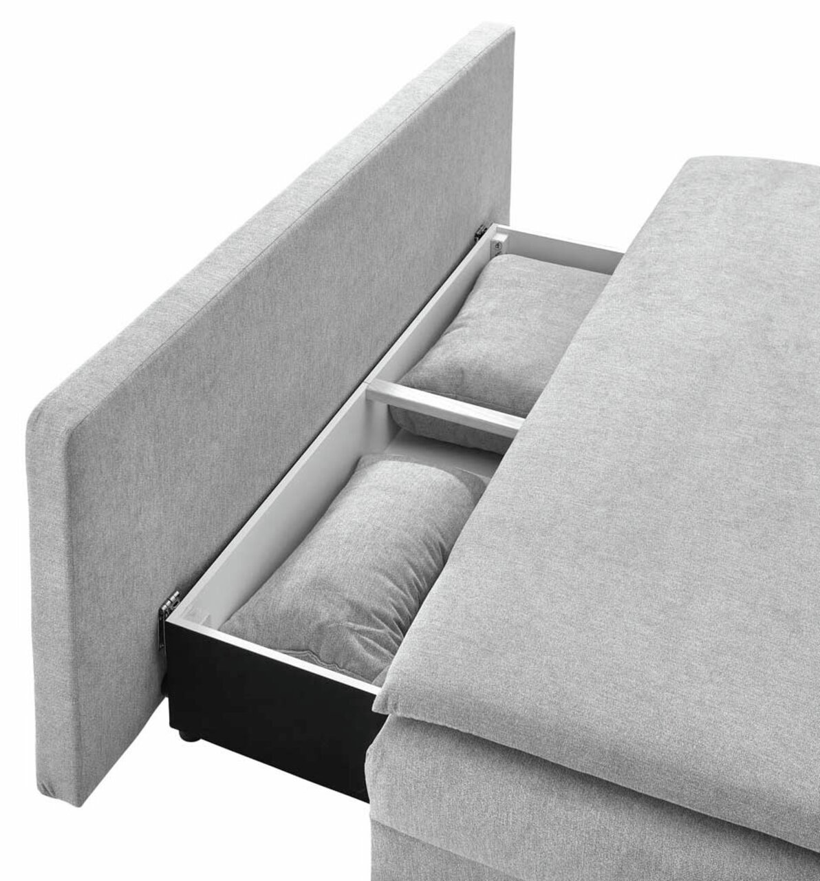 Graues Funktionssofa mit geöffneter Aufbewahrungseinheit, seitliche Perspektive