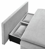 Graues Funktionssofa mit geöffneter Aufbewahrungseinheit, seitliche Perspektive