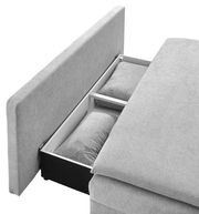 Graues Funktionssofa mit geöffneter Aufbewahrungseinheit, seitliche Perspektive