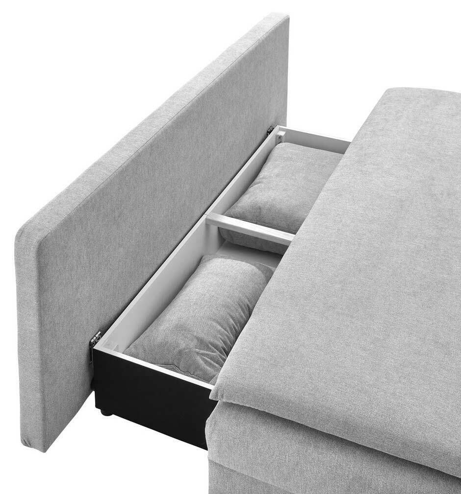 Graues Funktionssofa mit geöffneter Aufbewahrungseinheit, seitliche Perspektive