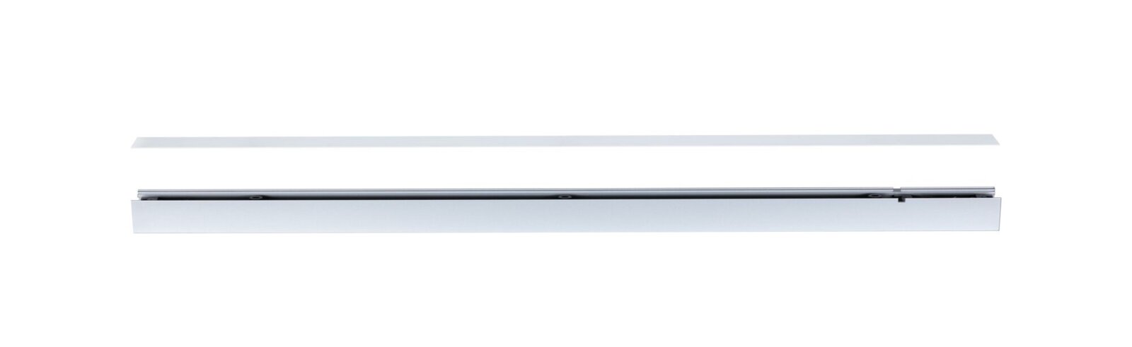 Lange, silberne Schubladenschiene mit Auszug/Soft-Close-Mechanik auf weißem Hintergrund, Seitenansicht (Profilansicht).