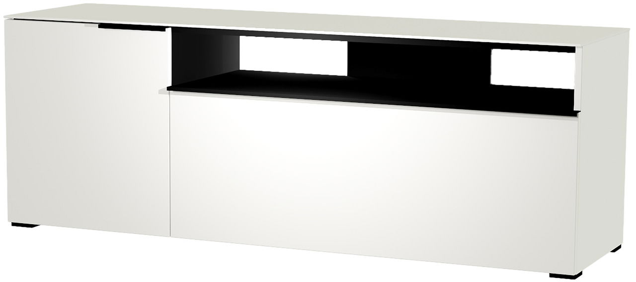 Weißes TV-Lowboard mit schwarzem Regal, Frontansicht