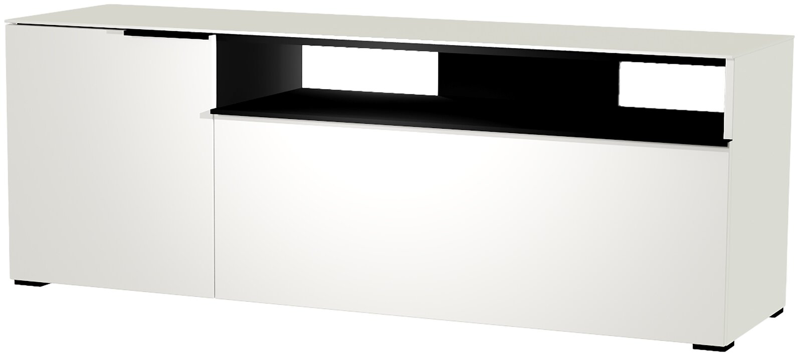 Weißes TV-Lowboard mit schwarzem Regal, Frontansicht