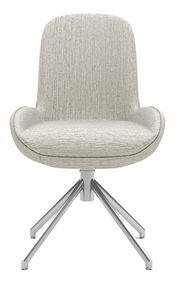 Moderner Stuhl mit hellgrauem Stoffbezug und Metallgestell, Frontalansicht