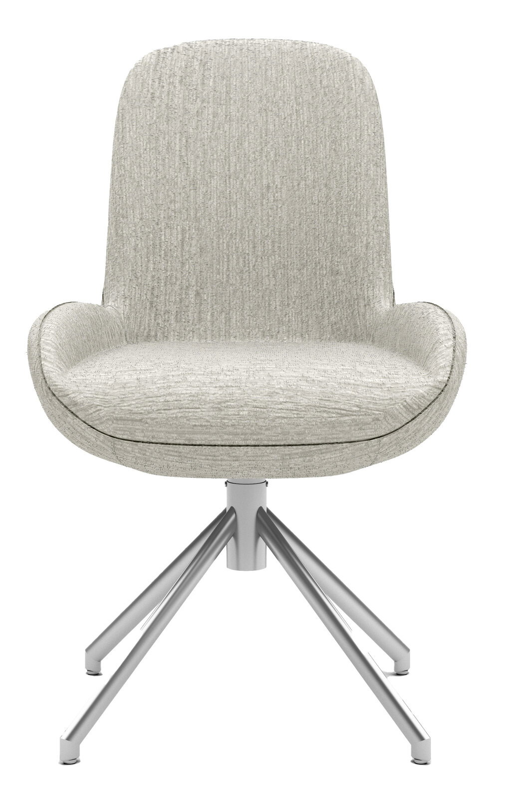 Moderner Stuhl mit hellgrauem Stoffbezug und Metallgestell, Frontalansicht