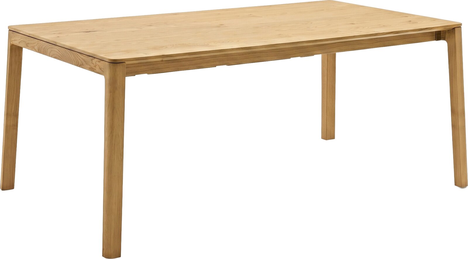 Rechteckiger Esstisch aus hellem Holz mit klaren Linien und vier Beinen, freigestellt auf weißem Hintergrund, Ansicht schräg von vorne oben (3/4-Perspektive).