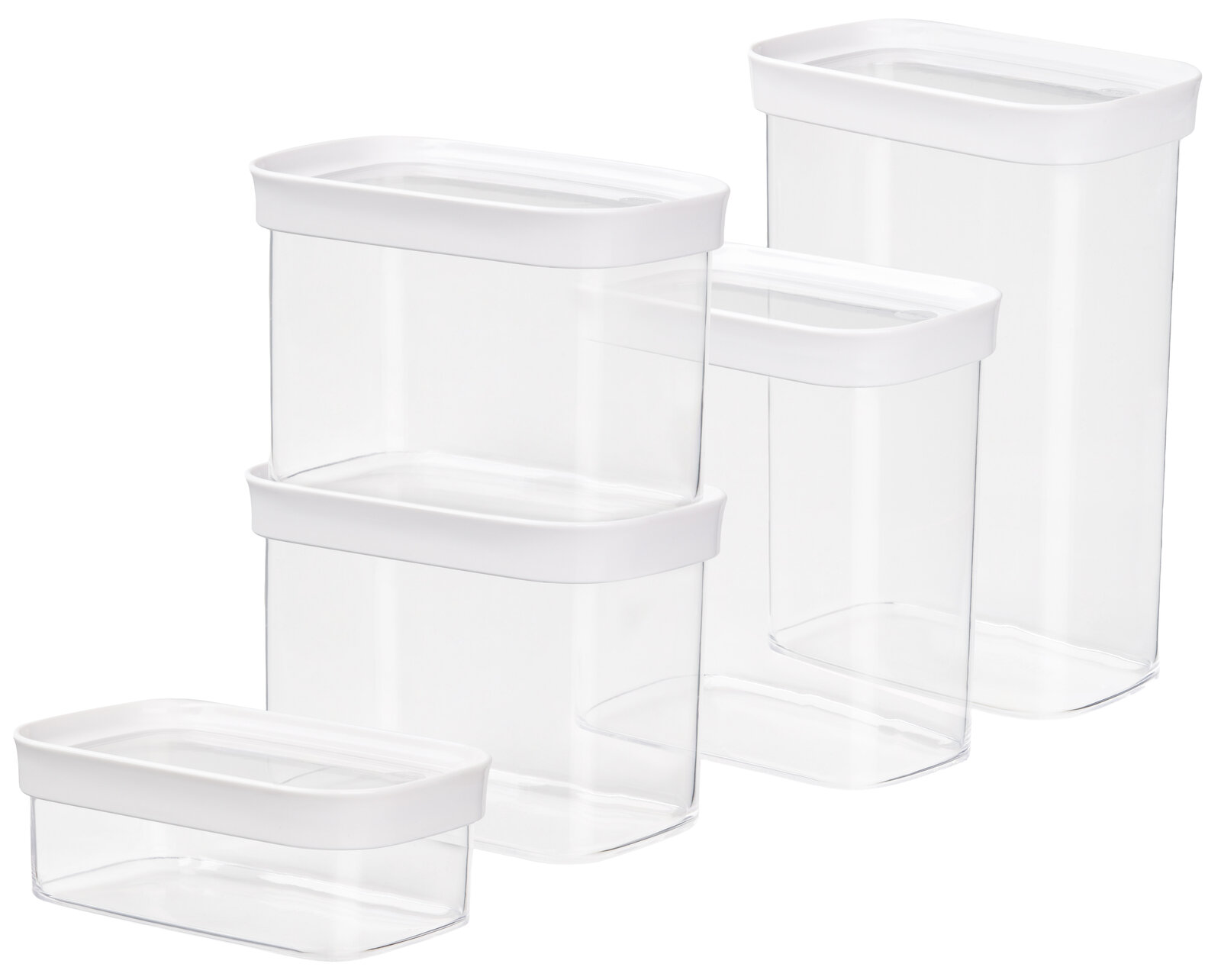 Fünfteiliges Vorratsdosenset aus transparentem Kunststoff mit weißen Deckeln, seitliche Perspektive