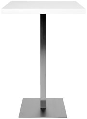 Moderner Bartisch mit quadratischer weißer Tischplatte und stabilem Metallfuß, Frontalansicht