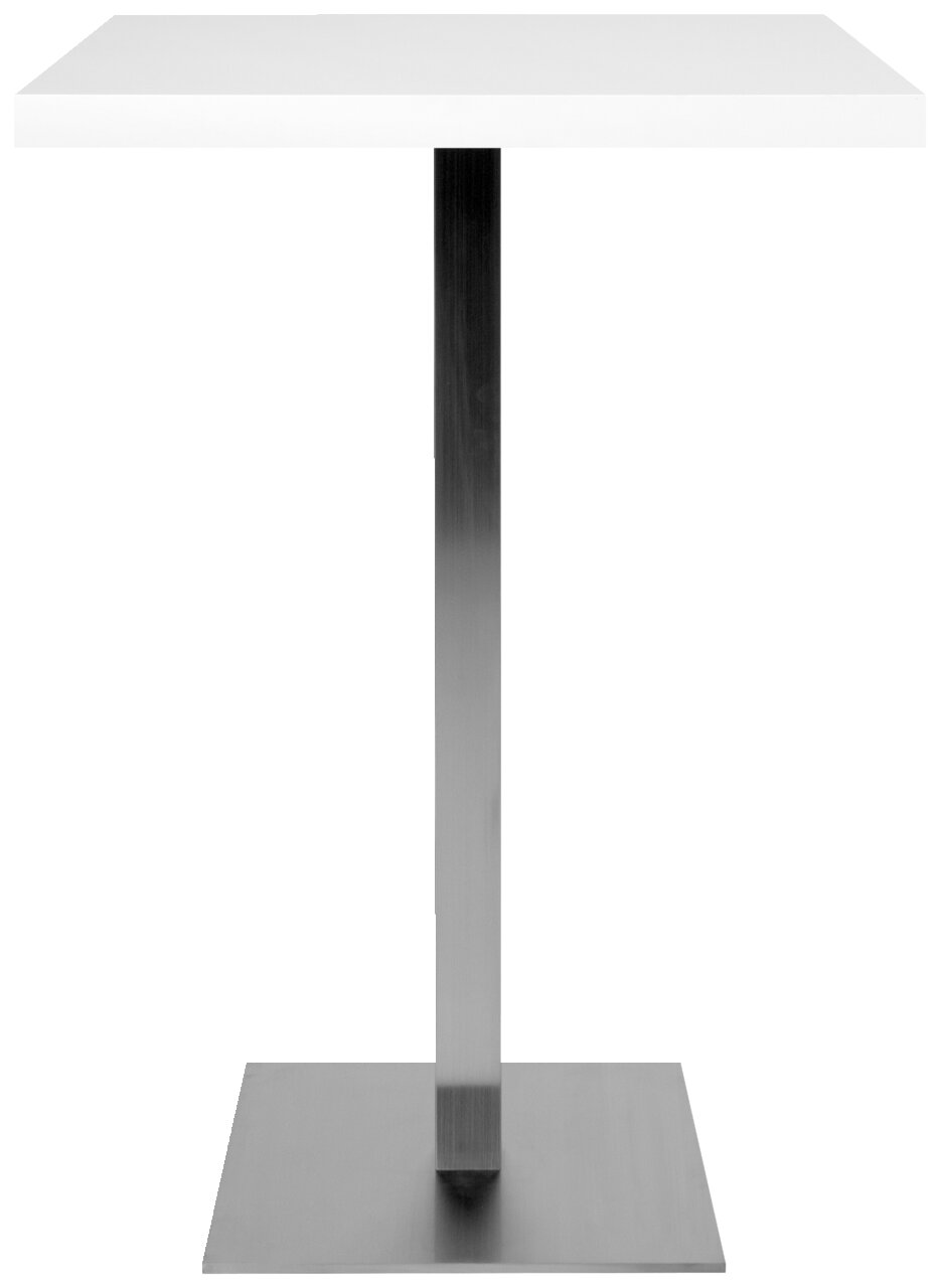 Moderner Bartisch mit quadratischer weißer Tischplatte und stabilem Metallfuß, Frontalansicht
