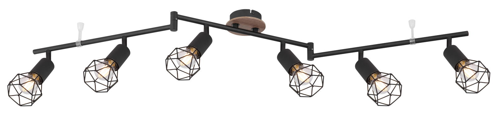 Moderner Strahler XARA I mit fünf verstellbaren Leuchten in geometrischen Käfigdesign, seitliche Perspektive.