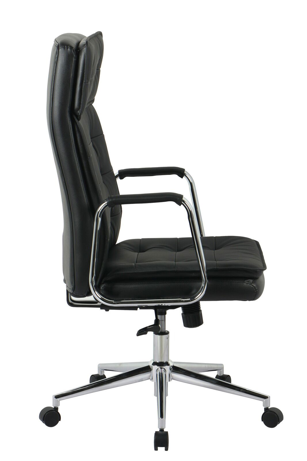 Schwarzer Chefsessel aus Leder mit verchromten Armlehnen und Rollen, Seitenansicht