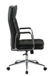 Schwarzer Chefsessel aus Leder mit verchromten Armlehnen und Rollen, Seitenansicht