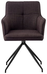 Vorderansicht eines modernen Armlehnstuhls mit dunklem Stoffbezug und schwarzem Metallgestell.