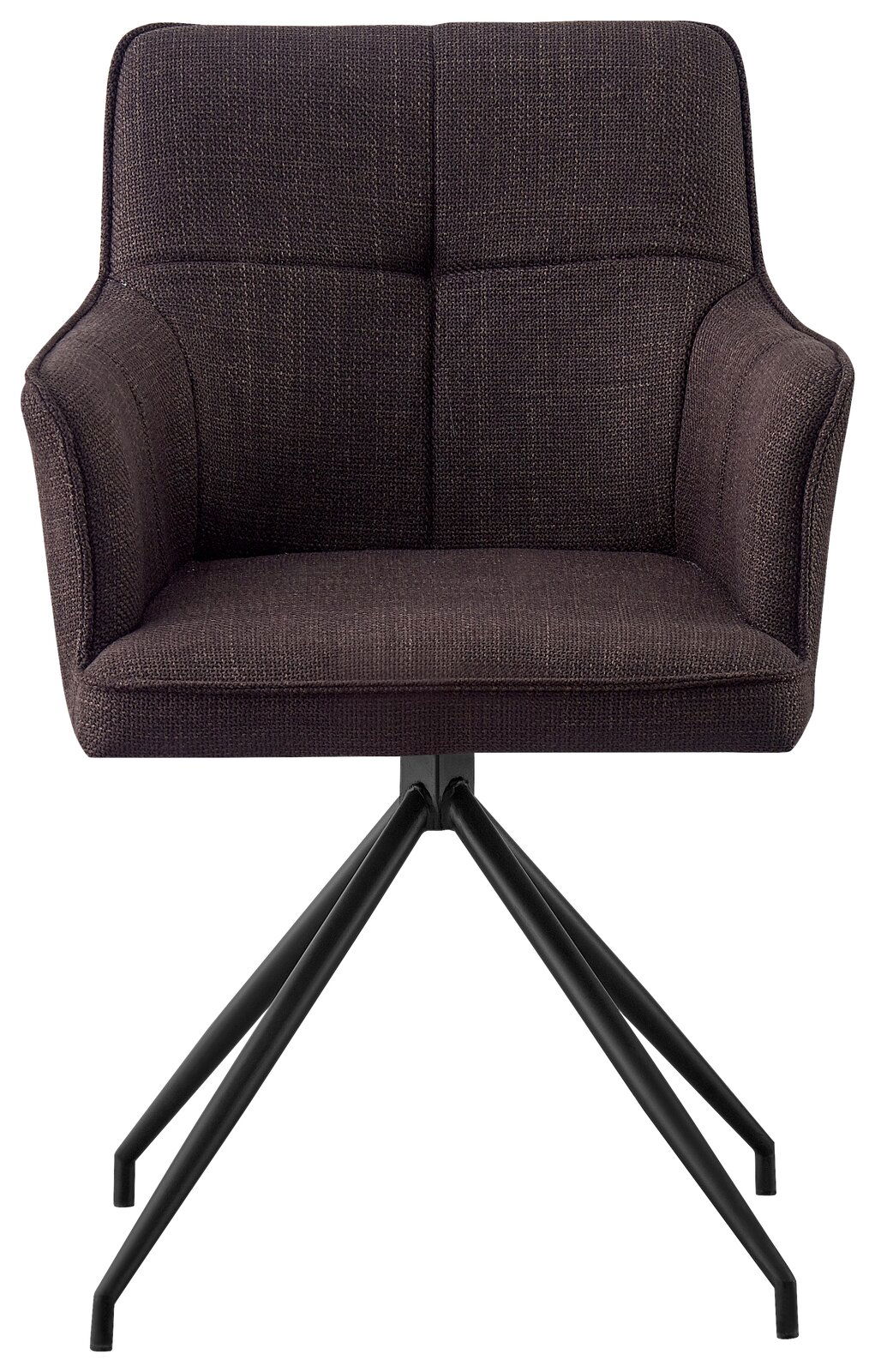 Vorderansicht eines modernen Armlehnstuhls mit dunklem Stoffbezug und schwarzem Metallgestell.