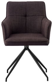 Vorderansicht eines modernen Armlehnstuhls mit dunklem Stoffbezug und schwarzem Metallgestell.