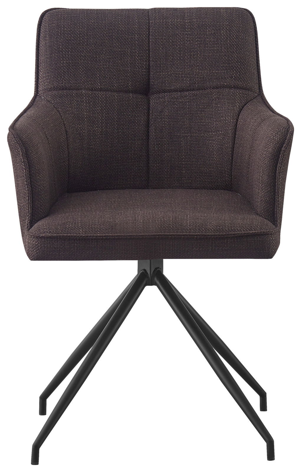 Vorderansicht eines modernen Armlehnstuhls mit dunklem Stoffbezug und schwarzem Metallgestell.