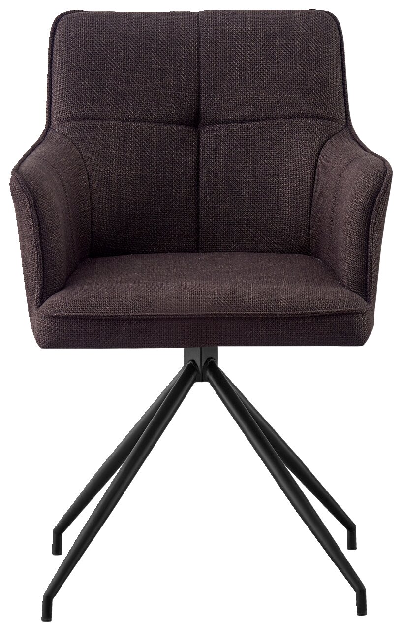Vooraanzicht van een moderne fauteuil met donkere stoffen bekleding en een zwart metalen frame.