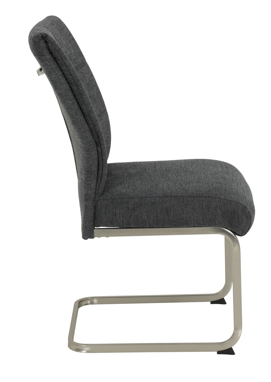 Seitenansicht eines grauen Schwingstuhls mit Metallgestell.