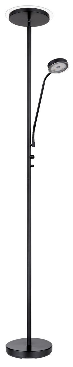 Moderne schwarze Stehleuchte mit zwei Lichtquellen, fotografiert aus einer frontalen Perspektive.