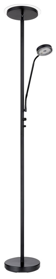 Moderne schwarze Stehleuchte mit zwei Lichtquellen, fotografiert aus einer frontalen Perspektive.