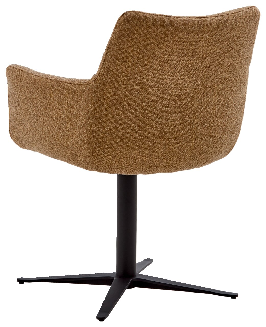 Rückansicht eines braunen Armlehnstuhls mit schwarzem Metallfuß und vier Beinen.