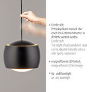 Schwarze Pendelleuchte mit verstellbarem Pendelkopf, energieeffizienter LED-Technik und Up- und Downlight, seitliche Perspektive