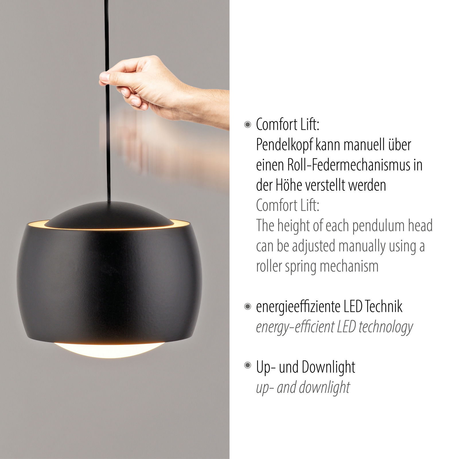 Schwarze Pendelleuchte mit verstellbarem Pendelkopf, energieeffizienter LED-Technik und Up- und Downlight, seitliche Perspektive