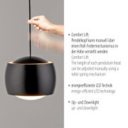 Zwarte hanglamp met verstelbare kop, energiezuinige led-technologie en uplight en downlight, zijaanzicht