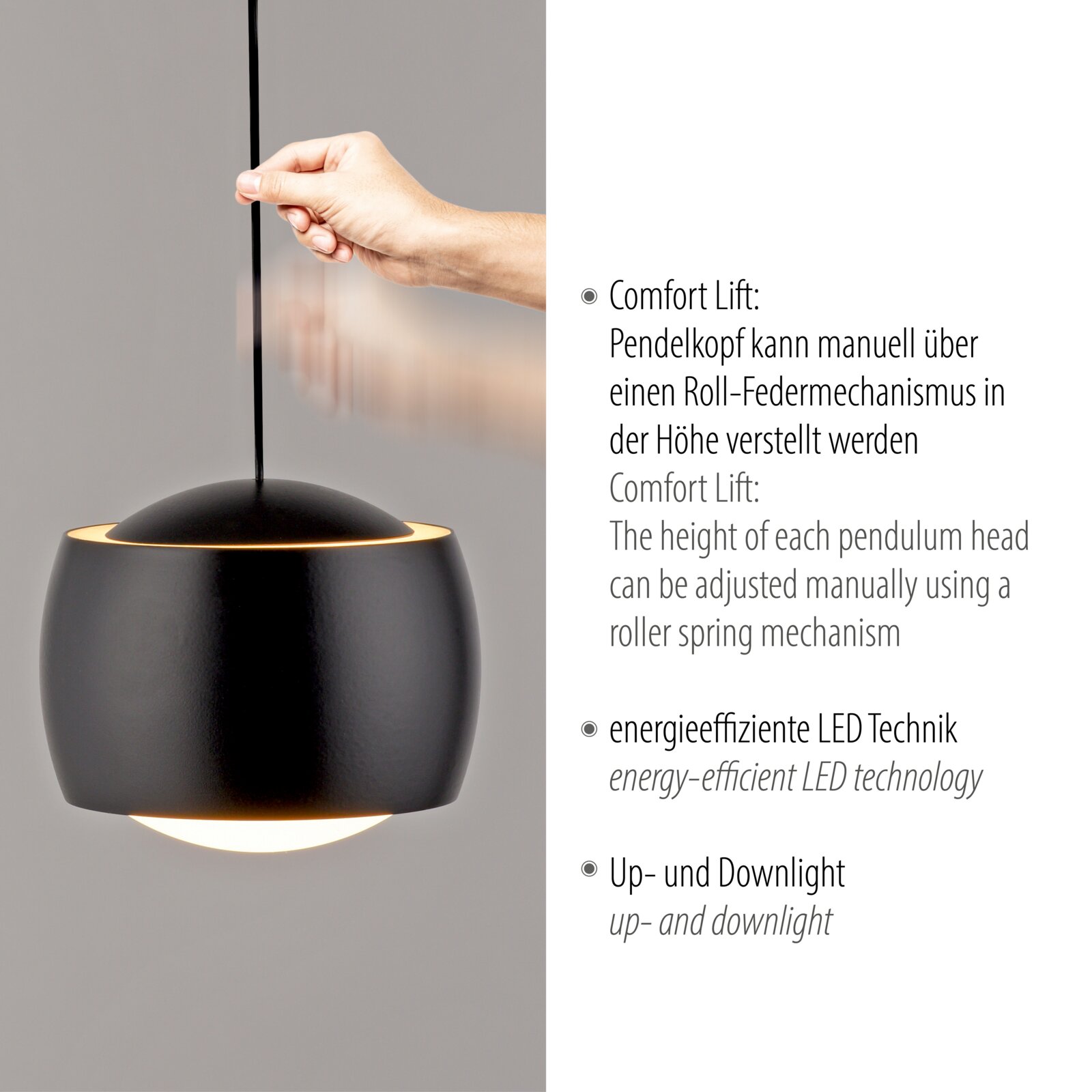 Zwarte hanglamp met verstelbare kop, energiezuinige led-technologie en uplight en downlight, zijaanzicht