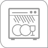 Symbol für spülmaschinengeeignet, graue Linienzeichnung eines Geschirrspülers mit Geschirr, Frontalansicht