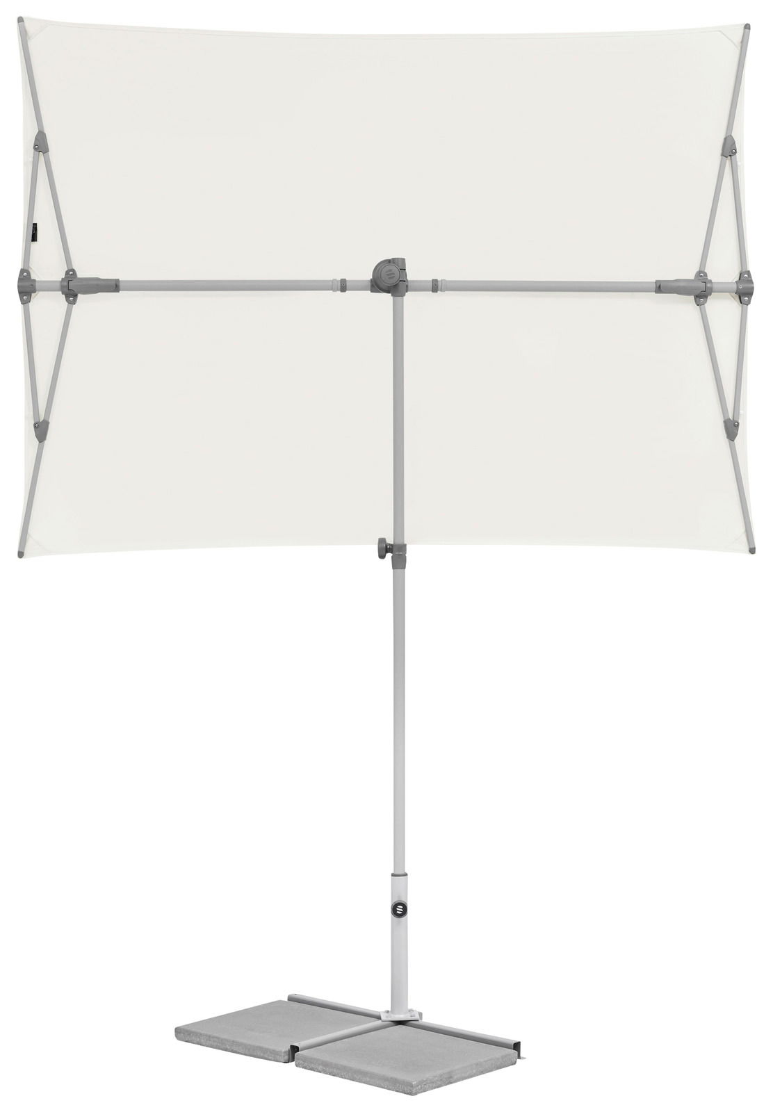 Moderner rechteckiger Sonnenschirm in Frontalansicht mit stabilem Standfuß und hellem Stoffbezug.