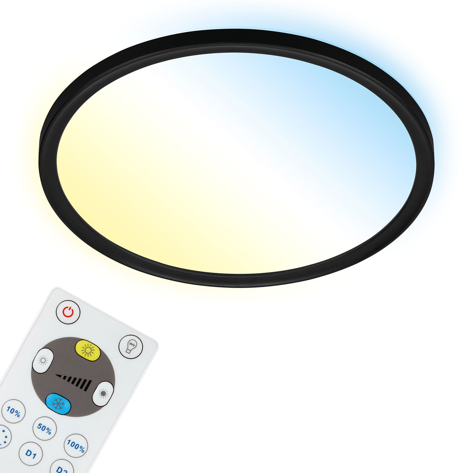 Runde LED-Deckenleuchte mit schwarzem Rahmen und Fernbedienung, Ansicht von unten