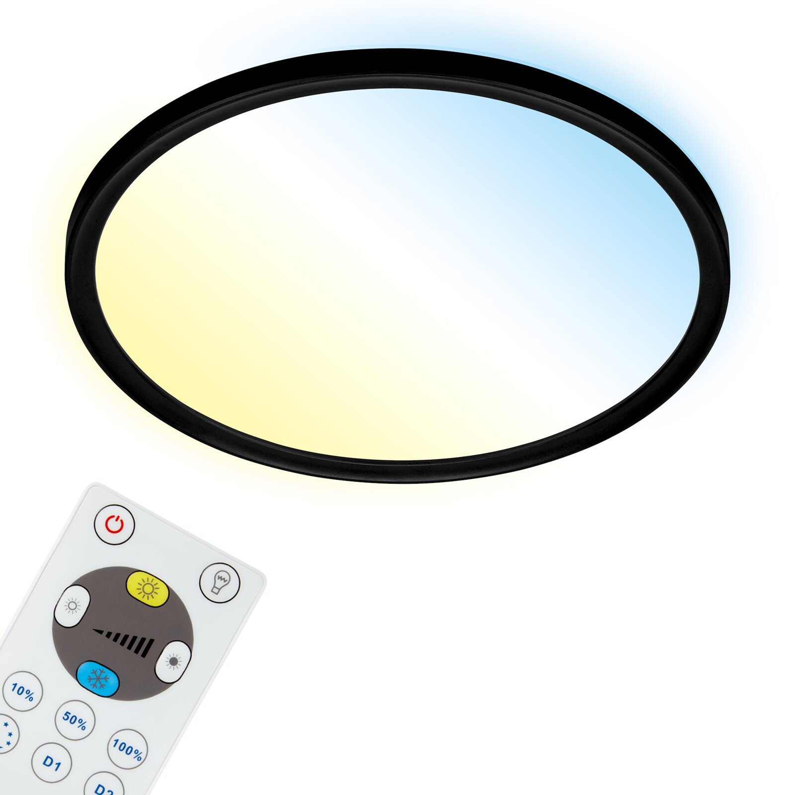 Ronde led-plafondlamp met zwart frame en afstandsbediening, gezien van onderaf