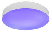 Ronde plafondlamp met witte behuizing en paars/blauw licht, gezien schuin van onderen (onderaanzicht) op witte achtergrond