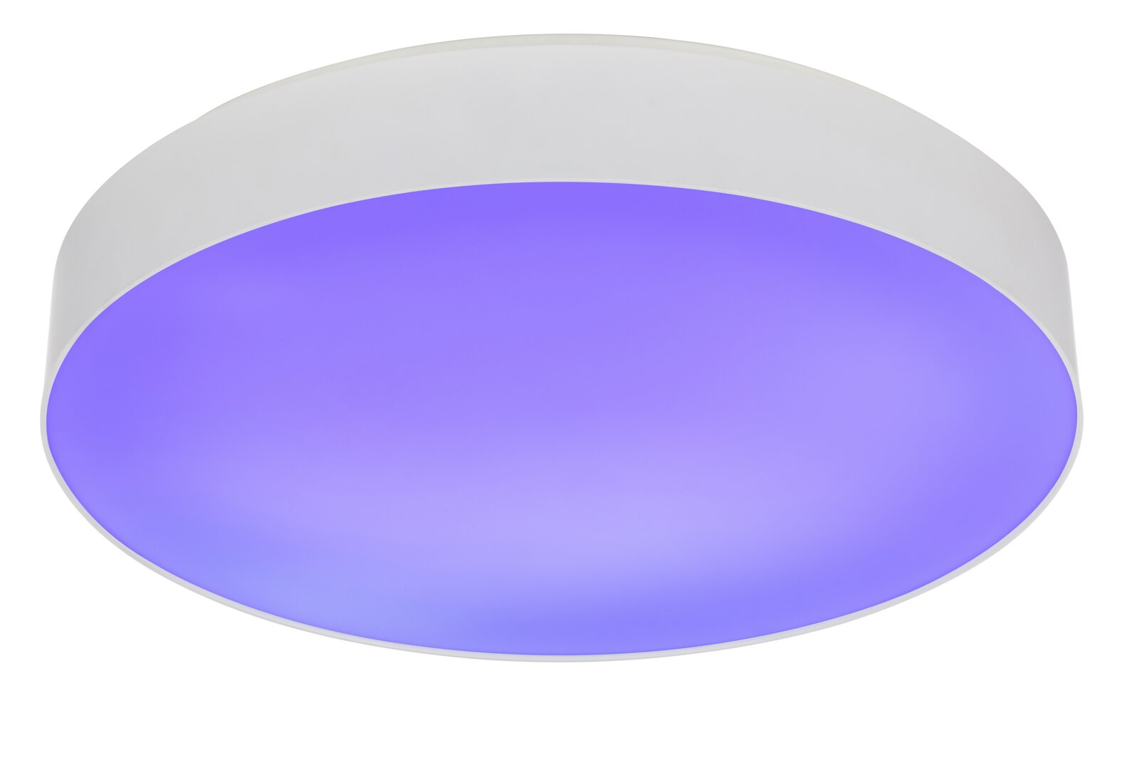 Ronde plafondlamp met witte behuizing en paars/blauw licht, gezien schuin van onderen (onderaanzicht) op witte achtergrond