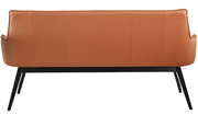 Rückansicht einer modernen, braunen Bank mit schwarzen Metallbeinen.