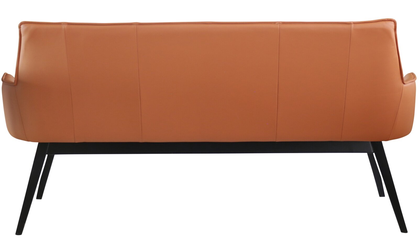 Rückansicht einer modernen, braunen Bank mit schwarzen Metallbeinen.