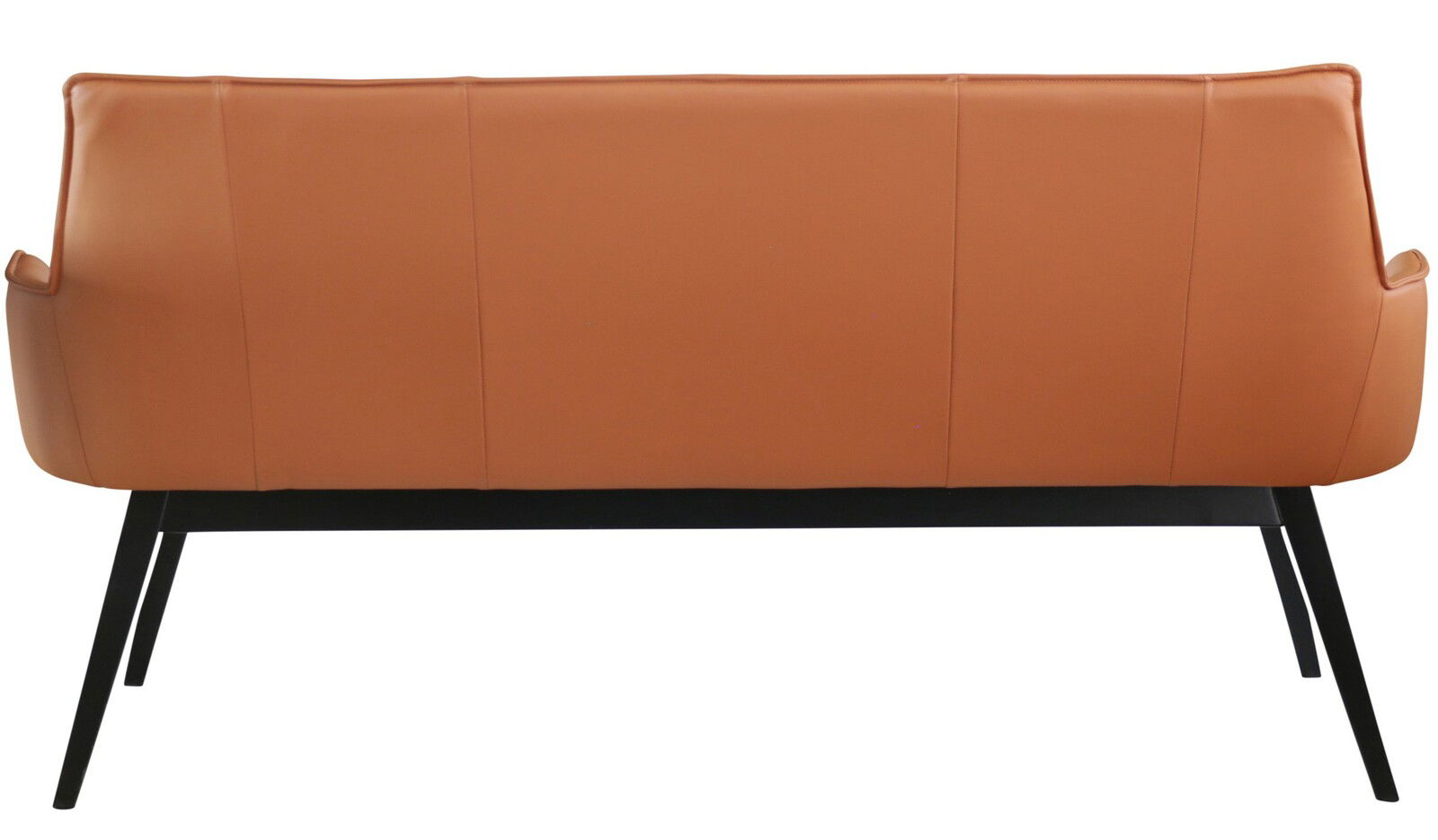 Rückansicht einer modernen, braunen Bank mit schwarzen Metallbeinen.