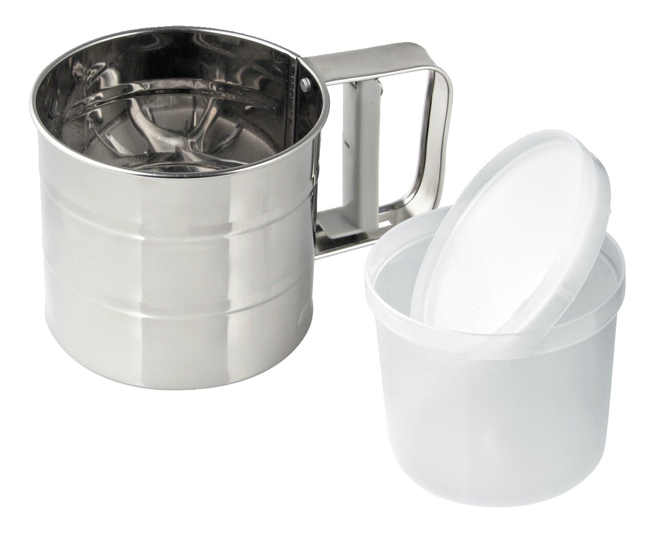 Mehlsieb aus Edelstahl mit Griff und transparenter Kunststoffbox mit Deckel, seitliche Perspektive