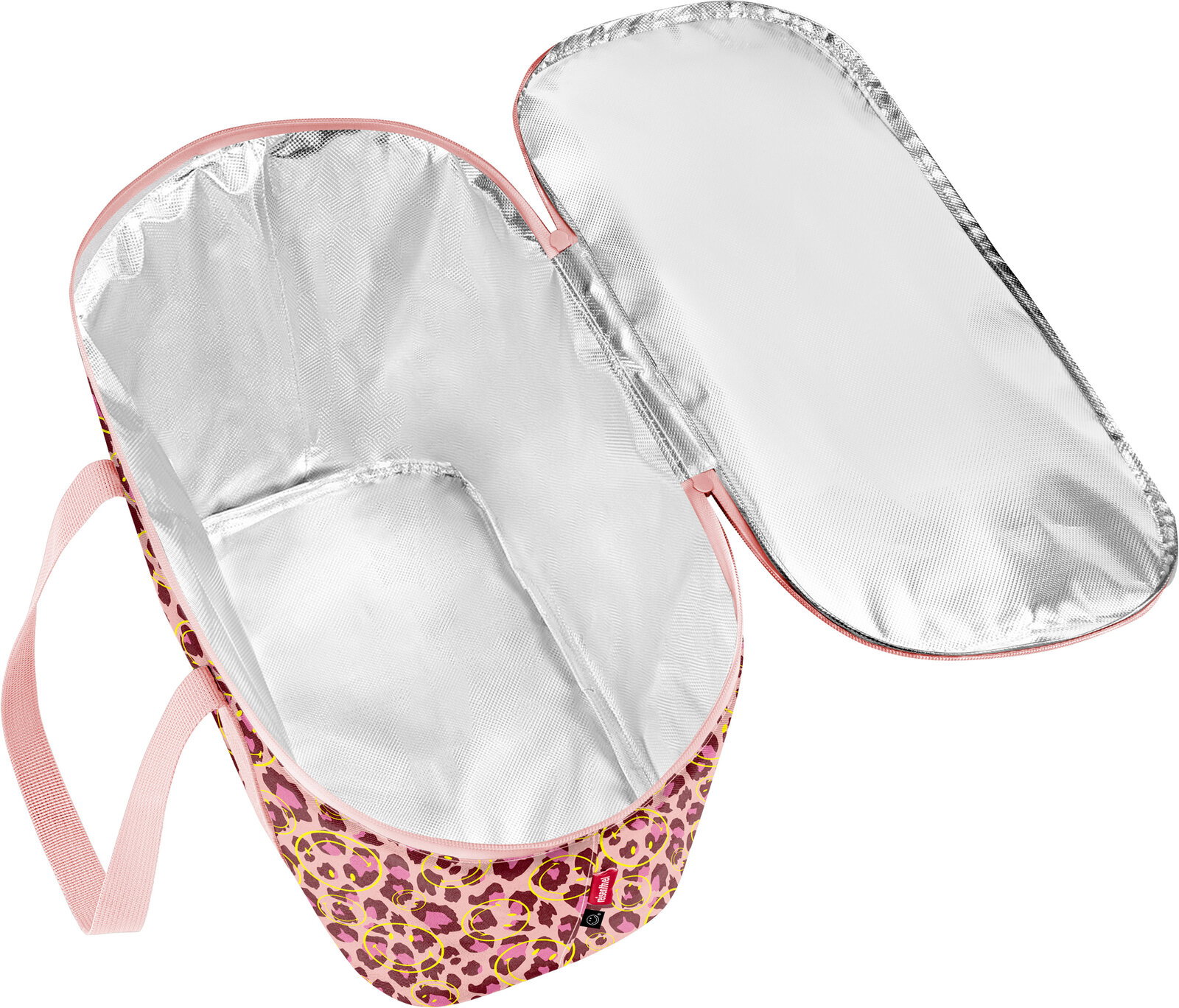 Geöffnete, isolierte Kühltasche mit silberner Thermo-Innenauskleidung, rosa Tragegurt und rosa Leopardenmuster außen, Draufsicht schräg von oben